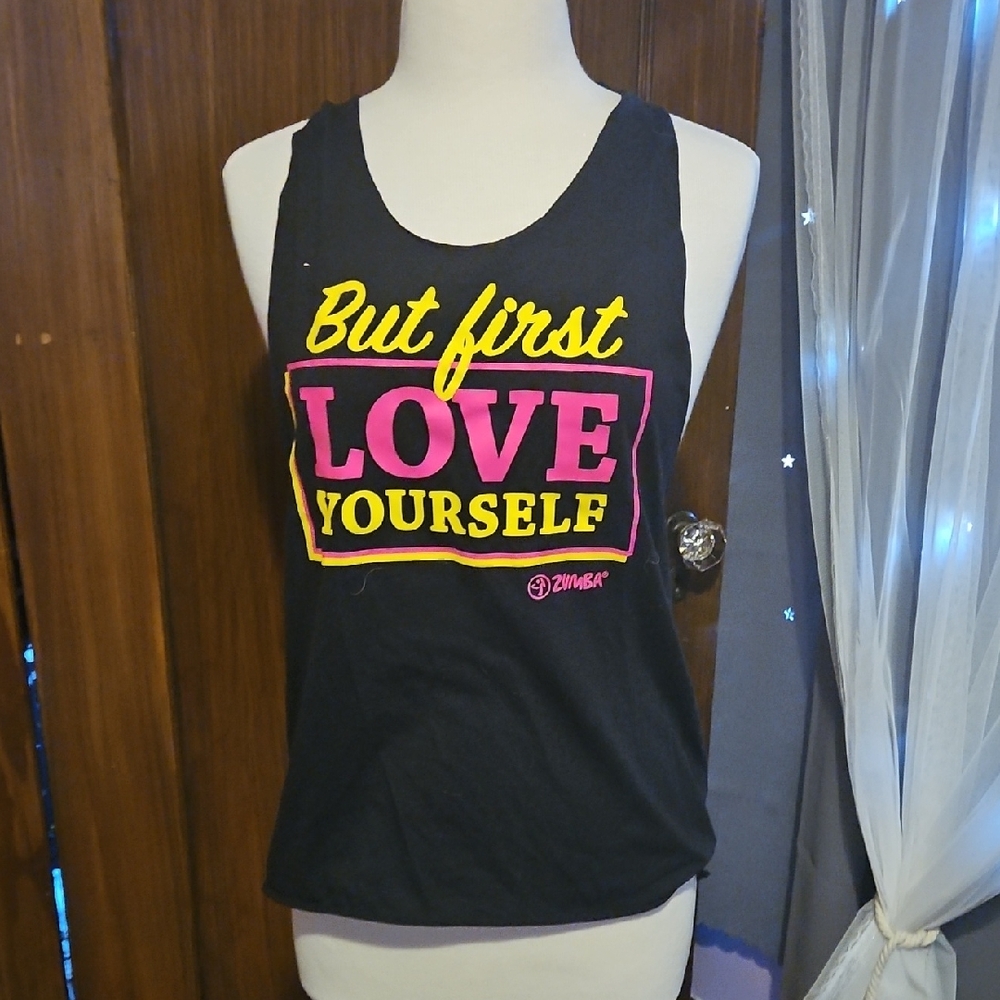 Zumba Fitness Black Tank Top with Bold Pink and Yellow Text
